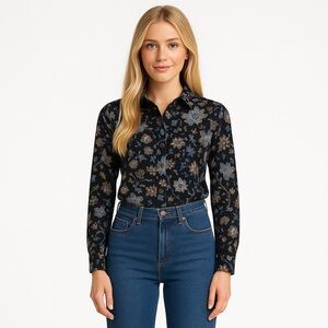 Aritzia Wilfred Pose Blouse Black Blue Floral Long Sleeve Jersey Medium NWT